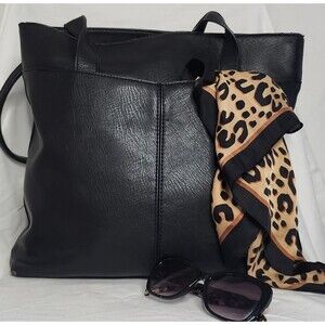 Large Structured Tote Black Vegan Leather 15" Laptop Work School Travel Bag